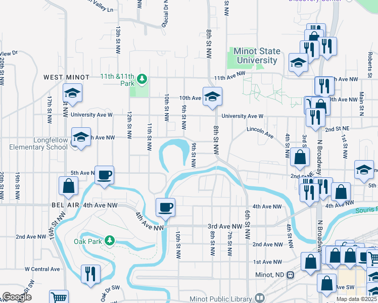 map of restaurants, bars, coffee shops, grocery stores, and more near 601 9th Street Northwest in Minot