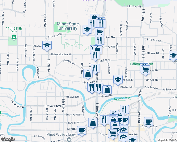 map of restaurants, bars, coffee shops, grocery stores, and more near 607A 3rd Street Northwest in Minot