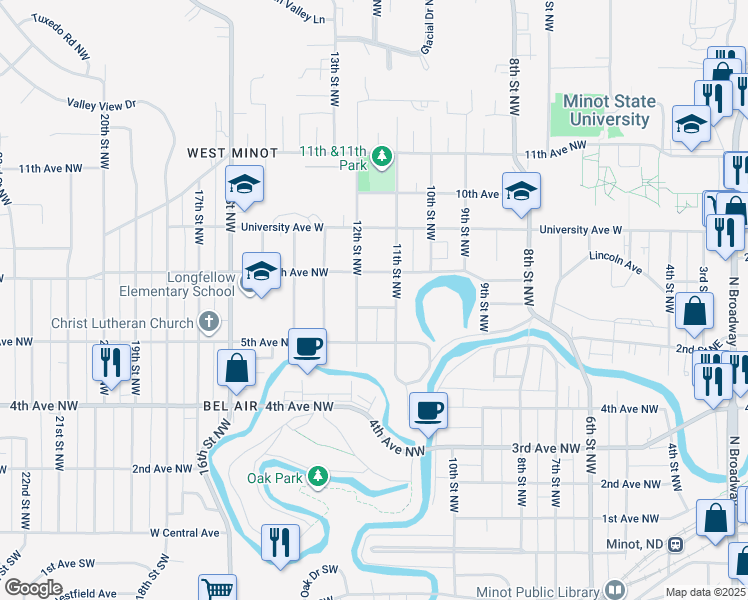 map of restaurants, bars, coffee shops, grocery stores, and more near 1116 6th Avenue Northwest in Minot
