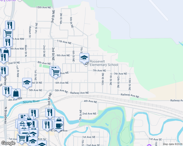 map of restaurants, bars, coffee shops, grocery stores, and more near 620 8th Street Northeast in Minot