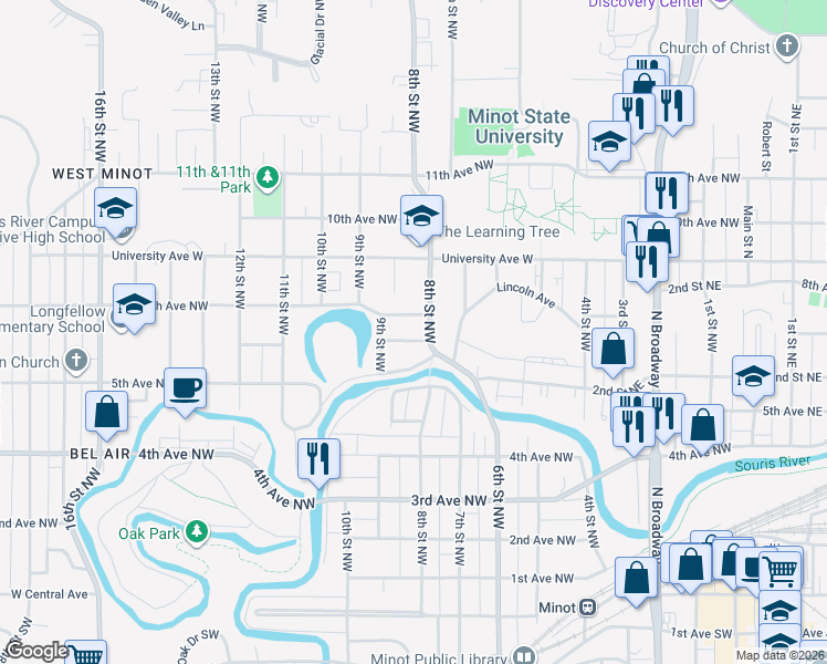 map of restaurants, bars, coffee shops, grocery stores, and more near 810 6th Avenue Northwest in Minot