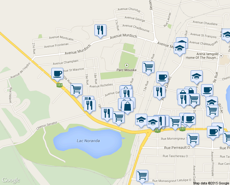 map of restaurants, bars, coffee shops, grocery stores, and more near Avenue Gatineau in Rouyn-Noranda