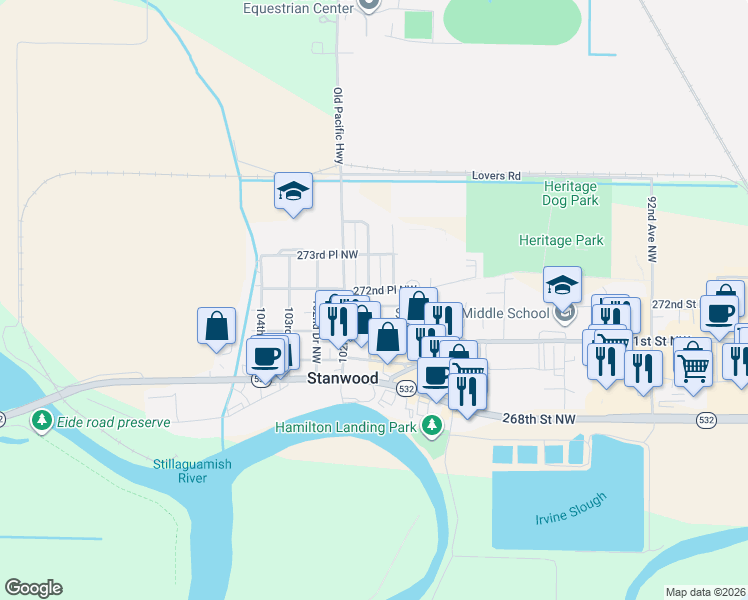 map of restaurants, bars, coffee shops, grocery stores, and more near 27203 101st Avenue Northwest in Stanwood
