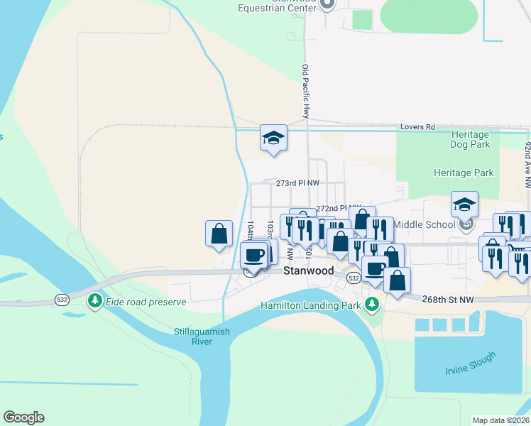 map of restaurants, bars, coffee shops, grocery stores, and more near 27204 103rd Drive Northwest in Stanwood