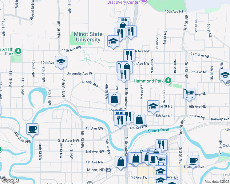 map of restaurants, bars, coffee shops, grocery stores, and more near 607A 3rd Street Northwest in Minot