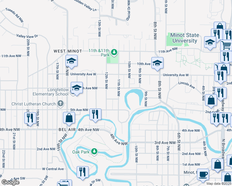 map of restaurants, bars, coffee shops, grocery stores, and more near 1116 6th Avenue Northwest in Minot