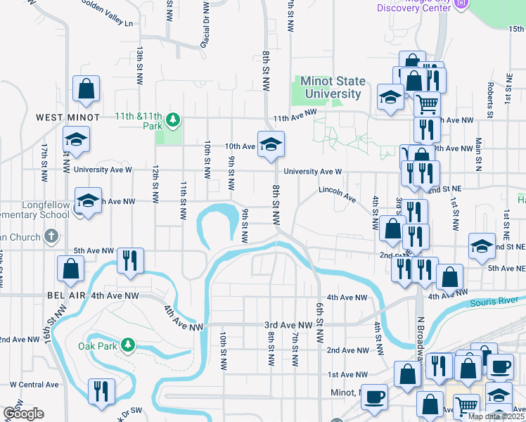 map of restaurants, bars, coffee shops, grocery stores, and more near 810 6th Avenue Northwest in Minot