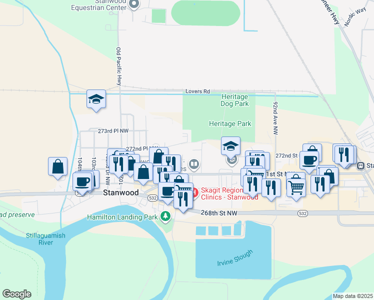 map of restaurants, bars, coffee shops, grocery stores, and more near 9722 272nd Place Northwest in Stanwood