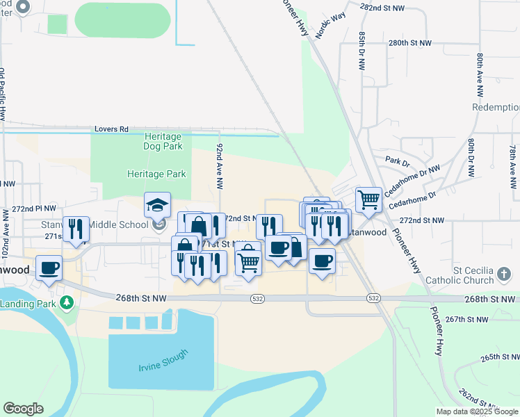map of restaurants, bars, coffee shops, grocery stores, and more near Unnamed Road in Stanwood