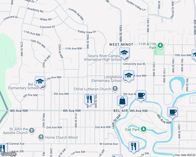 map of restaurants, bars, coffee shops, grocery stores, and more near 605 19th Street Northwest in Minot