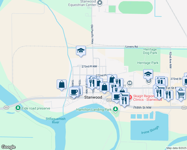 map of restaurants, bars, coffee shops, grocery stores, and more near 10200 272nd Place Northwest in Stanwood