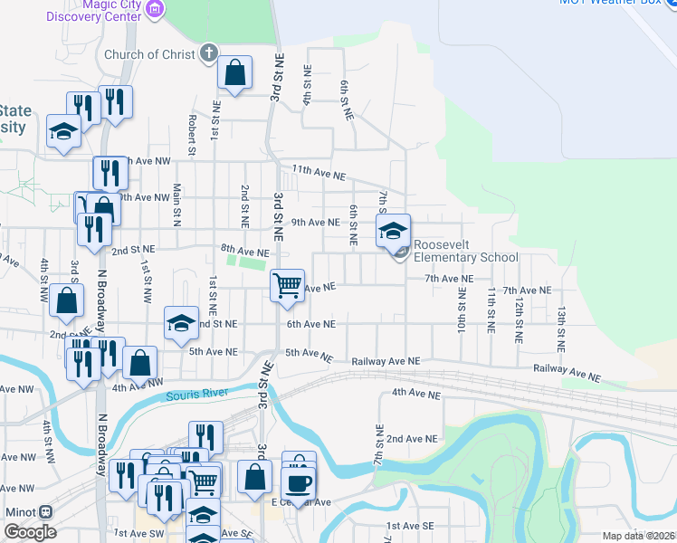 map of restaurants, bars, coffee shops, grocery stores, and more near 512 7th Avenue Northeast in Minot