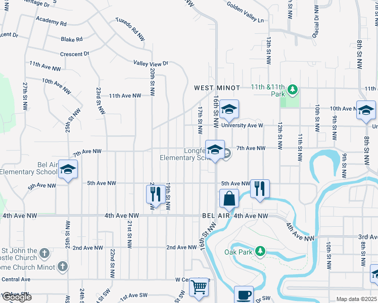 map of restaurants, bars, coffee shops, grocery stores, and more near 605 18th Street Northwest in Minot