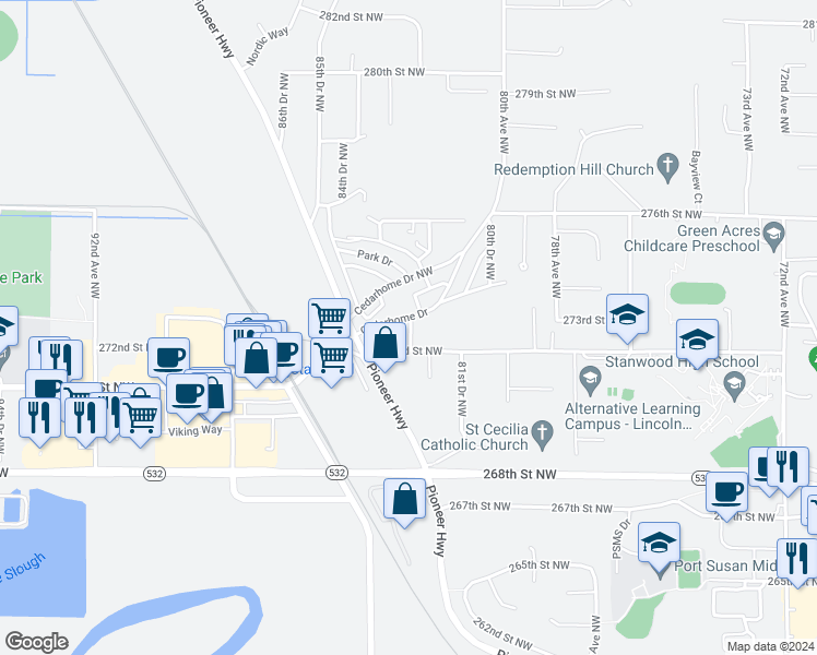 map of restaurants, bars, coffee shops, grocery stores, and more near 8230 272nd Street Northwest in Stanwood
