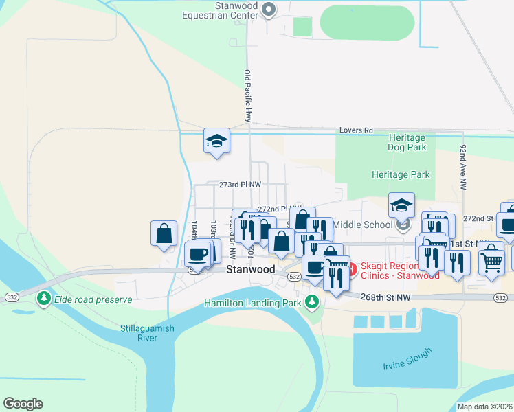 map of restaurants, bars, coffee shops, grocery stores, and more near 27122 101st Avenue Northwest in Stanwood