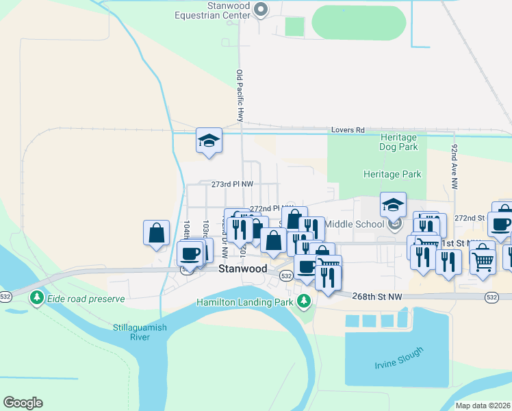 map of restaurants, bars, coffee shops, grocery stores, and more near 27220 101st Avenue Northwest in Stanwood