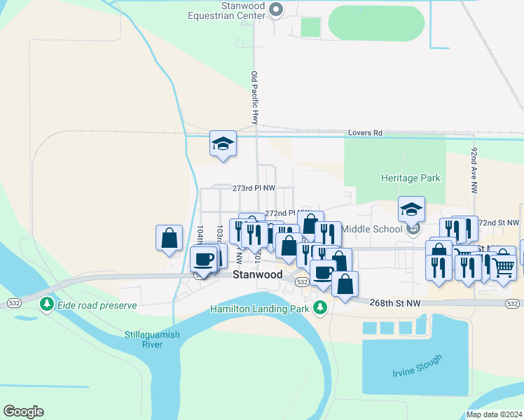 map of restaurants, bars, coffee shops, grocery stores, and more near 27219 102nd Avenue Northwest in Stanwood