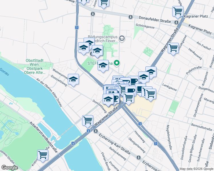 map of restaurants, bars, coffee shops, grocery stores, and more near 5 Doktor-Adolf-Schärf-Platz in Wien
