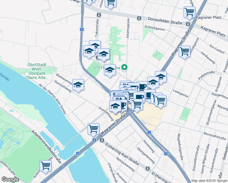 map of restaurants, bars, coffee shops, grocery stores, and more near 5 Doktor-Adolf-Schärf-Platz in Wien