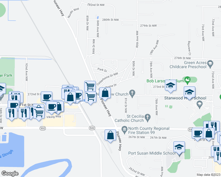 map of restaurants, bars, coffee shops, grocery stores, and more near 27220 83rd Avenue Northwest in Stanwood