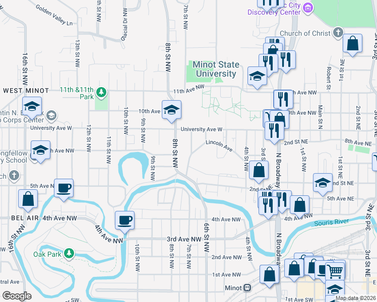 map of restaurants, bars, coffee shops, grocery stores, and more near 803 7th Street Northwest in Minot