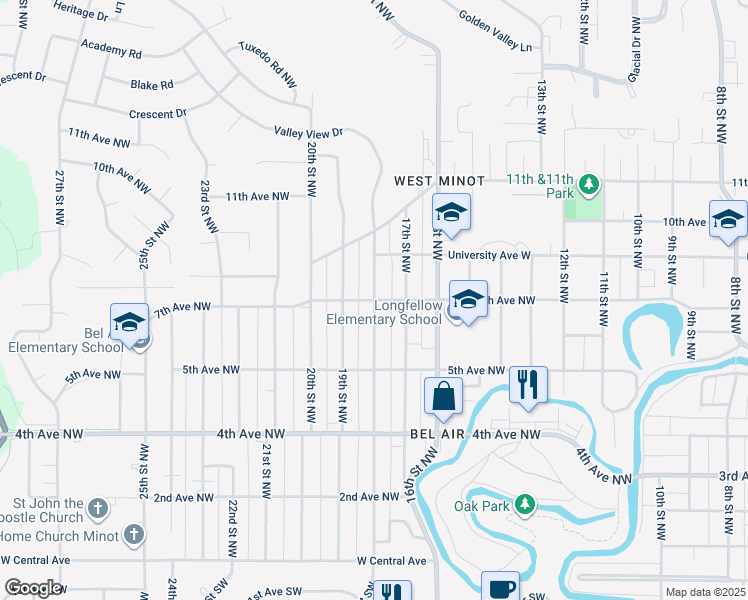 map of restaurants, bars, coffee shops, grocery stores, and more near 700 18th Street Northwest in Minot