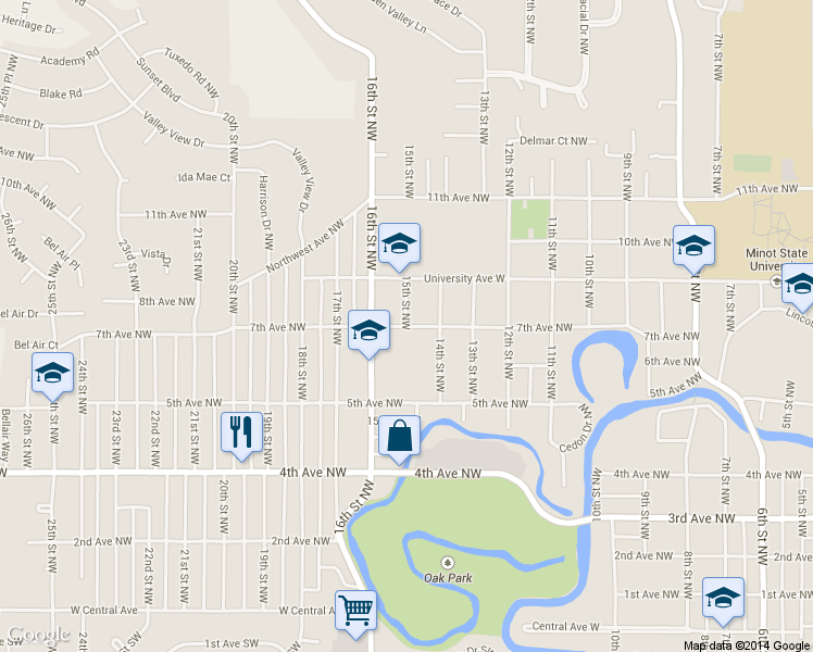 map of restaurants, bars, coffee shops, grocery stores, and more near 898 15th Street Northwest in Minot