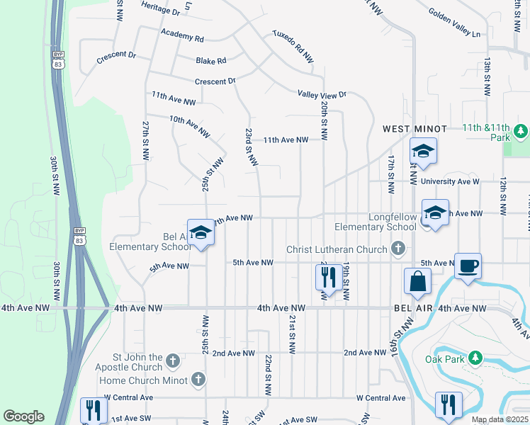 map of restaurants, bars, coffee shops, grocery stores, and more near 2105-2299 8th Avenue Northwest in Minot