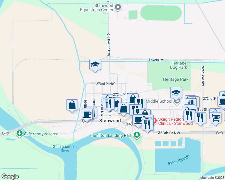 map of restaurants, bars, coffee shops, grocery stores, and more near 27308 101st Avenue Northwest in Stanwood