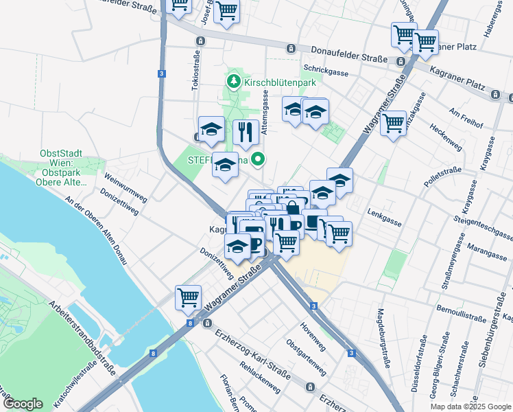 map of restaurants, bars, coffee shops, grocery stores, and more near Doktor-Adolf-Schärf-Platz in Wien