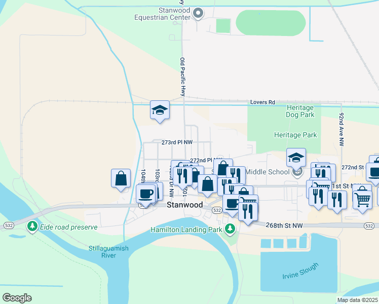 map of restaurants, bars, coffee shops, grocery stores, and more near 27229 102nd Avenue Northwest in Stanwood