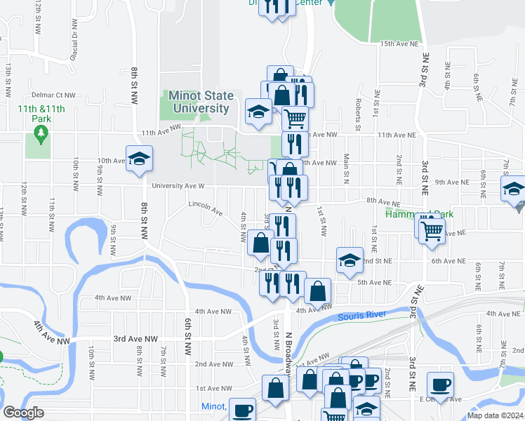 map of restaurants, bars, coffee shops, grocery stores, and more near 803 3rd Street Northwest in Minot