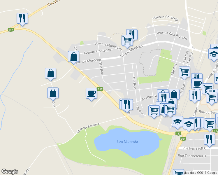 map of restaurants, bars, coffee shops, grocery stores, and more near 67 20e Rue in Rouyn-Noranda
