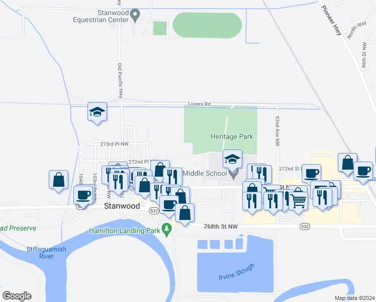 map of restaurants, bars, coffee shops, grocery stores, and more near 9733 272nd Place Northwest in Stanwood