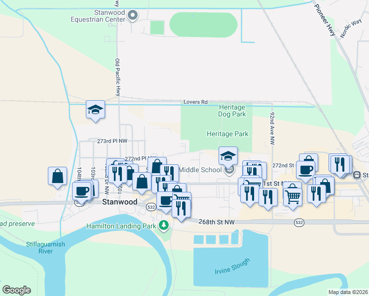 map of restaurants, bars, coffee shops, grocery stores, and more near 9733 272nd Place Northwest in Stanwood