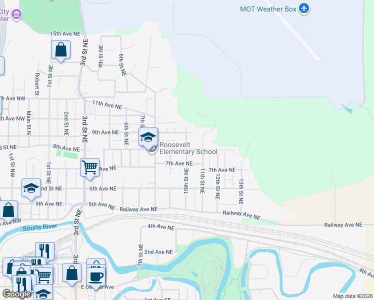 map of restaurants, bars, coffee shops, grocery stores, and more near 1001 8th Avenue Northeast in Minot