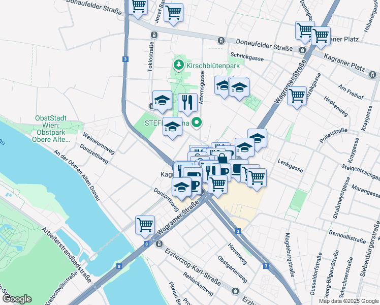 map of restaurants, bars, coffee shops, grocery stores, and more near Doktor-Adolf-Schärf-Platz in Wien
