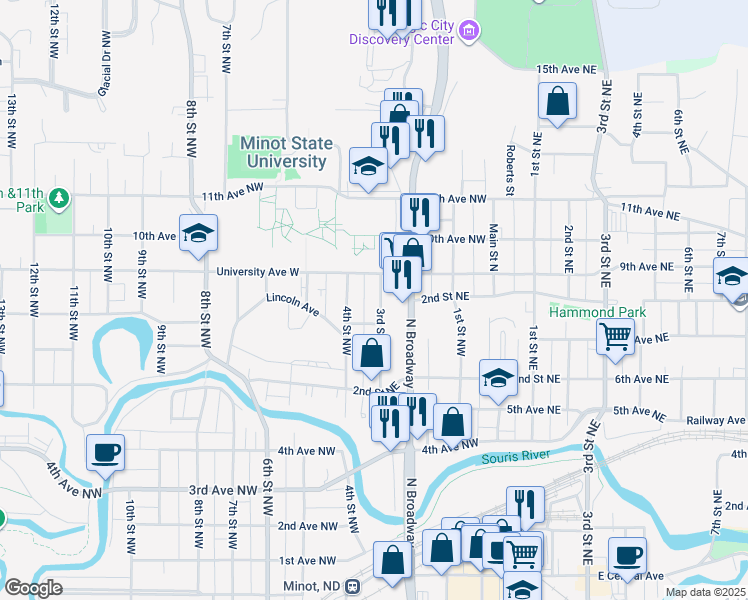map of restaurants, bars, coffee shops, grocery stores, and more near 803 3rd Street Northwest in Minot