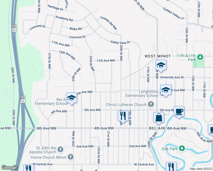 map of restaurants, bars, coffee shops, grocery stores, and more near 2105 8th Avenue Northwest in Minot