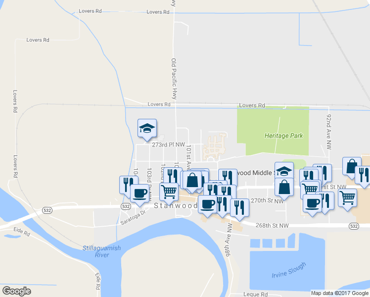 map of restaurants, bars, coffee shops, grocery stores, and more near 27308 101st Avenue Northwest in Stanwood