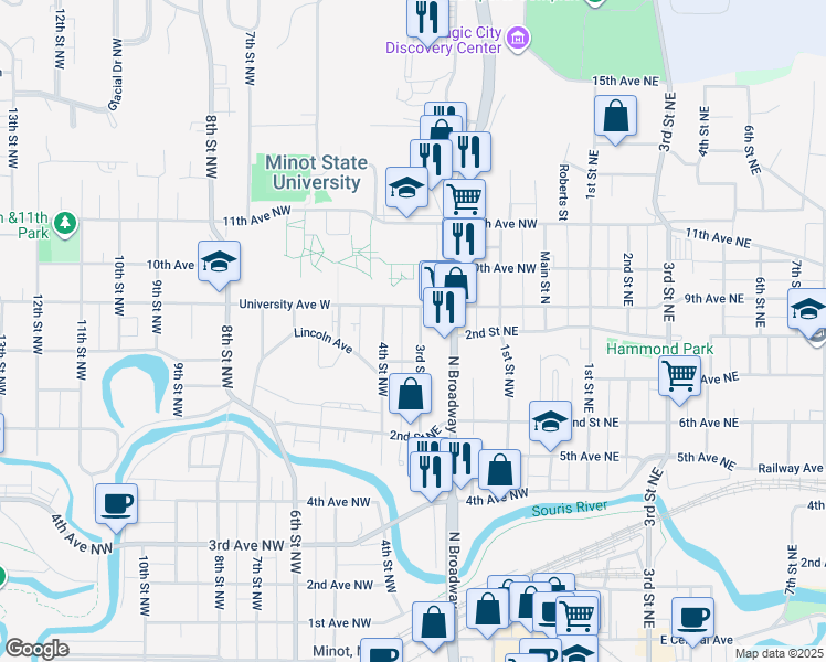 map of restaurants, bars, coffee shops, grocery stores, and more near 803 3rd Street Northwest in Minot