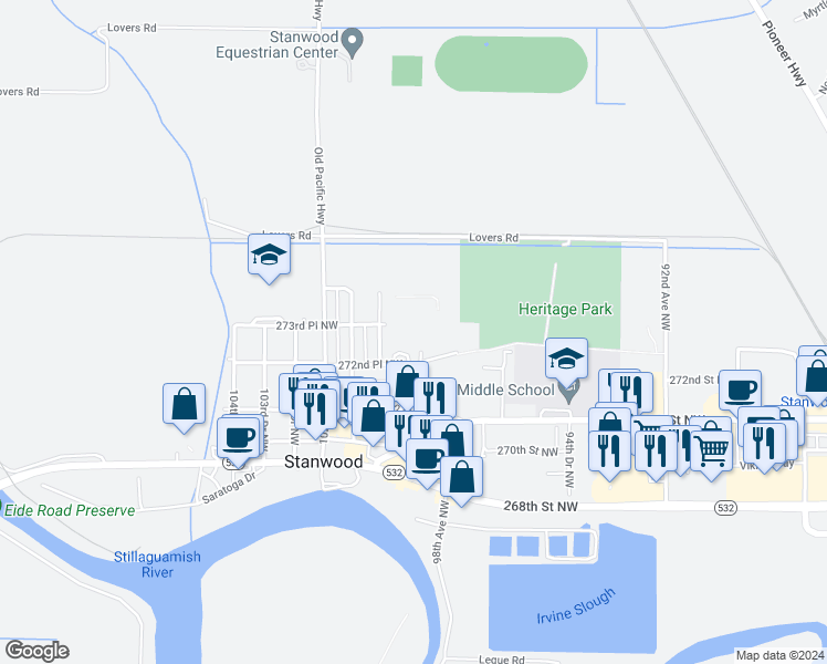 map of restaurants, bars, coffee shops, grocery stores, and more near 9735 272nd Place Northwest in Stanwood