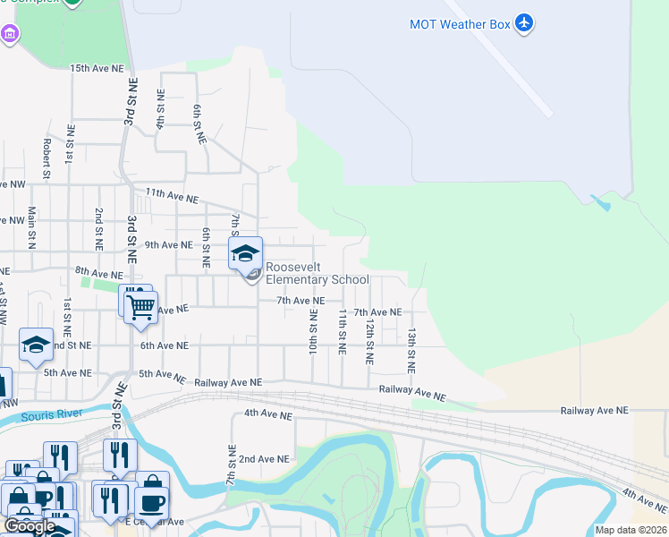 map of restaurants, bars, coffee shops, grocery stores, and more near 1001-1099 8th Avenue Northeast in Minot