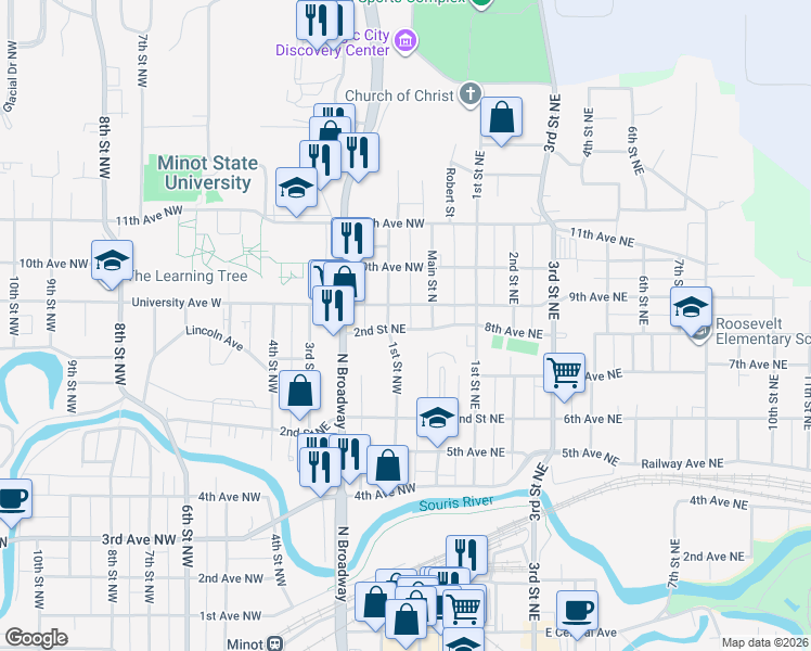 map of restaurants, bars, coffee shops, grocery stores, and more near 16 8th Avenue Northwest in Minot