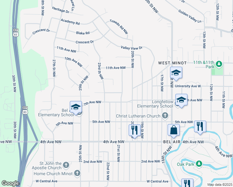 map of restaurants, bars, coffee shops, grocery stores, and more near 2105 8th Avenue Northwest in Minot