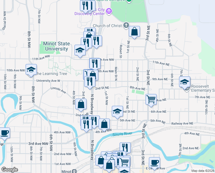 map of restaurants, bars, coffee shops, grocery stores, and more near 16 8th Avenue Northwest in Minot