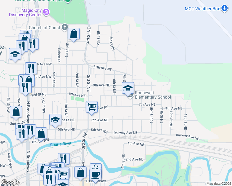 map of restaurants, bars, coffee shops, grocery stores, and more near 517 8th Avenue Northeast in Minot