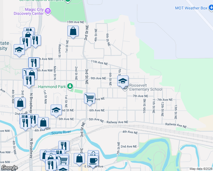 map of restaurants, bars, coffee shops, grocery stores, and more near 517 8th Avenue Northeast in Minot