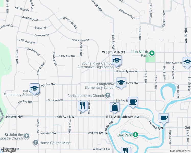 map of restaurants, bars, coffee shops, grocery stores, and more near 801 18th Street Northwest in Minot