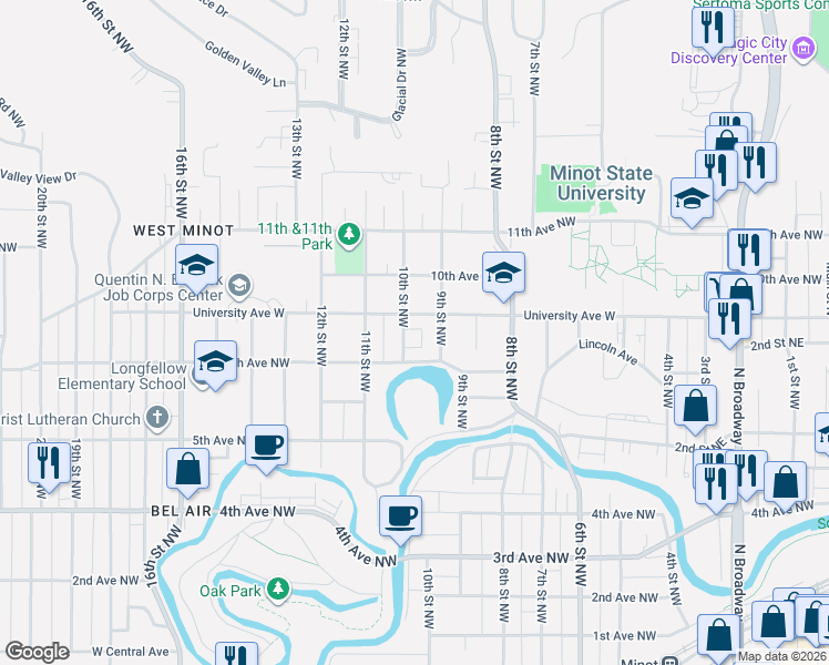 map of restaurants, bars, coffee shops, grocery stores, and more near 712 10th Street Northwest in Minot
